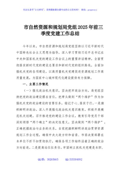 市自然资源和规划局党组2025年前三季度党建工作总结