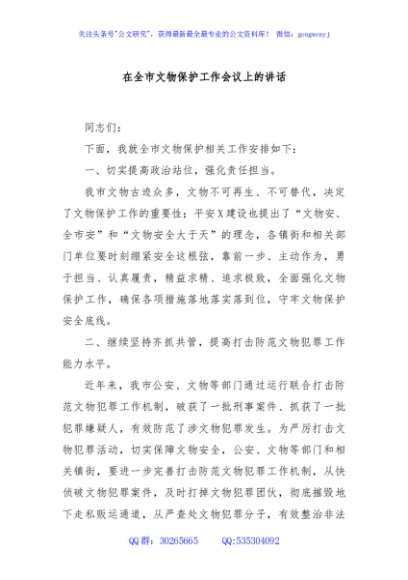 在全市文物保护工作会议上的讲话