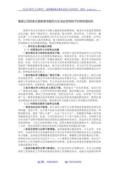 集团公司党委主题教育专题民主生活会领导班子对照检查材料