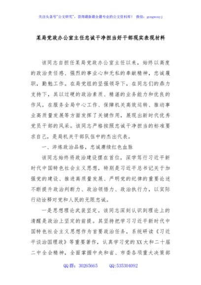 某局党政办公室主任忠诚干净担当好干部现实表现材料