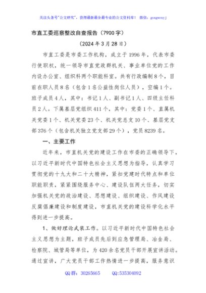 市直工委巡察整改自查报告（7900字）