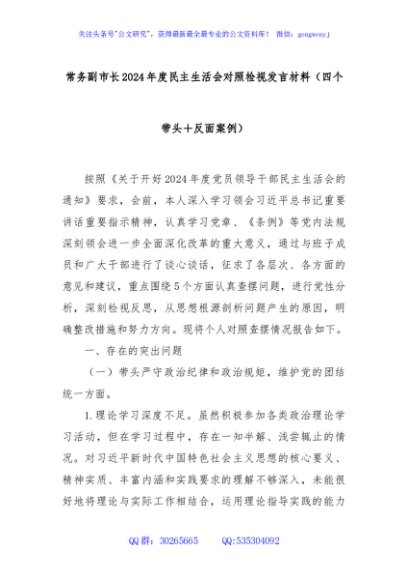 常务副市长2024年度民主生活会对照检视发言材料（四个带头＋反面案例）
