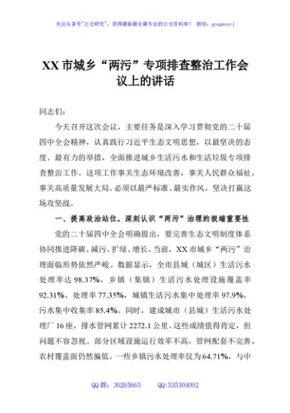 XX市城乡“两污”专项排查整治工作会议上的讲话