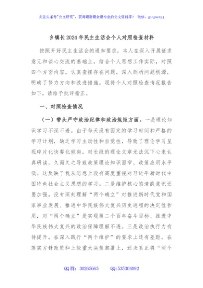 乡镇长2024年民主生活会个人对照检查材料