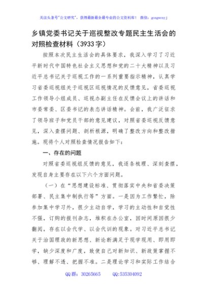乡镇党委书记关于巡视整改专题民主生活会的对照检查材料