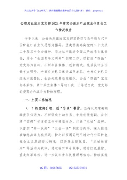 公安局派出所党支部2024年落实全面从严治党主体责任工作情况报告