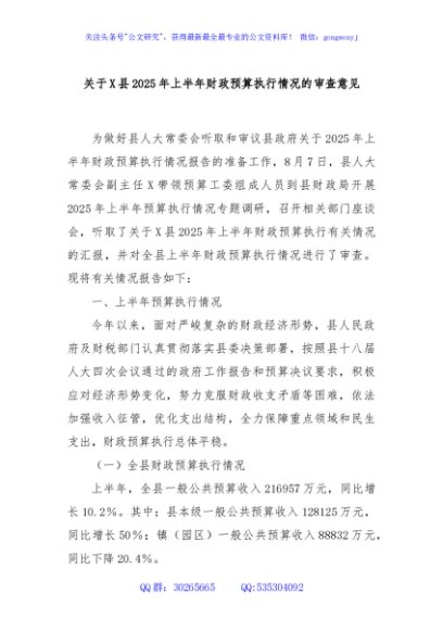 关于X县2025年上半年财政预算执行情况的审查意见