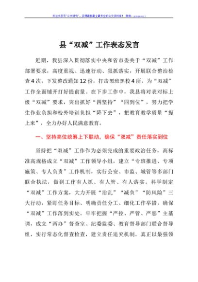 县“双减”工作表态发言