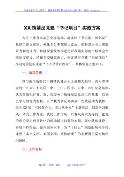 XX镇基层党建“书记项目”实施方案