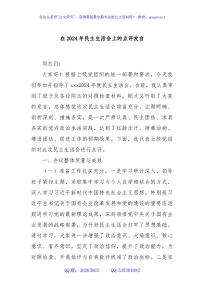 在2024年民主生活会上的点评发言