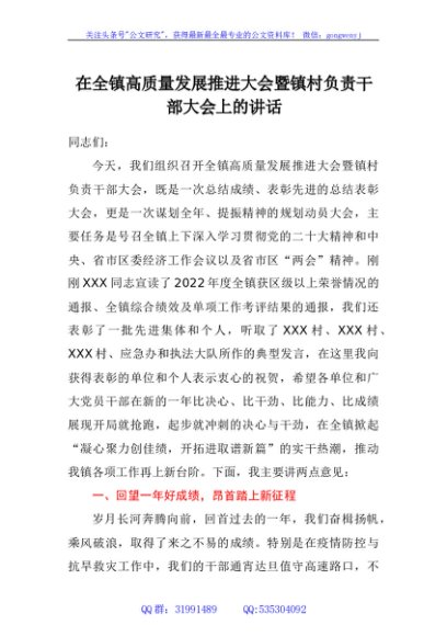 在全镇高质量发展推进大会暨镇村负责干部大会上的讲话