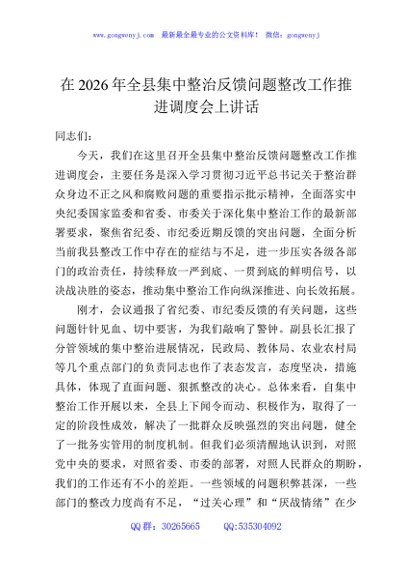 在2026年全县集中整治反馈问题整改工作推进调度会上讲话
