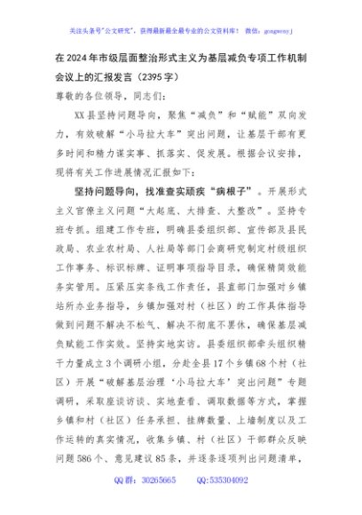 在2024年市级层面整治形式主义为基层减负专项工作机制会议上的汇报发言（2395字）