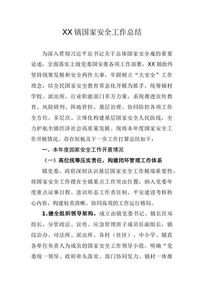 XX镇国家安全工作总结