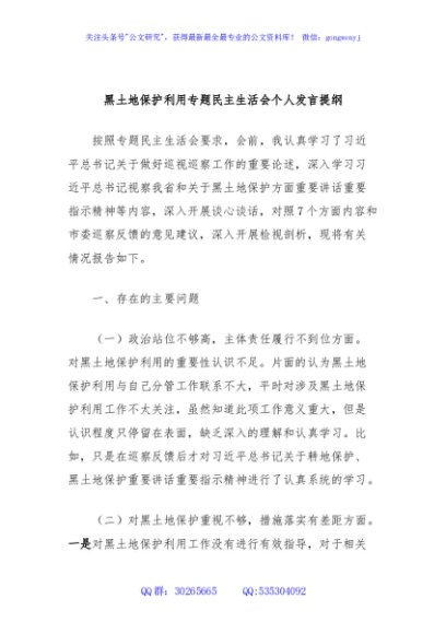 黑土地保护利用专题民主生活会个人发言提纲