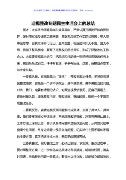 巡视整改专题民主生活会上的总结