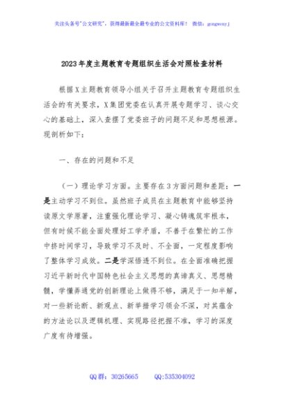 2023年度主题教育专题组织生活会对照检查材料