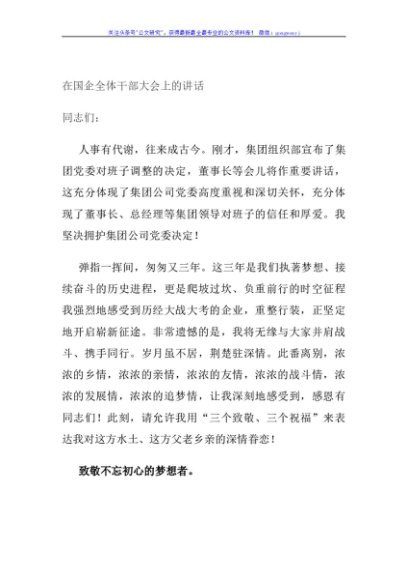 在国企全体干部大会上的讲话