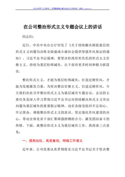 在公司整治形式主义专题会议上的讲话