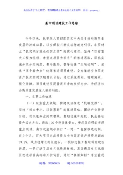 某市项目建设工作总结