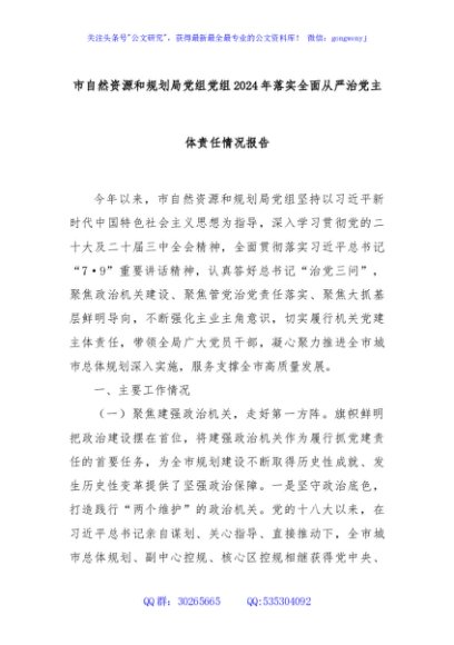 市自然资源和规划局党组党组2024年落实全面从严治党主体责任情况报告