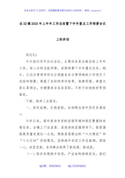 在XX镇2025年上半年工作总结暨下半年重点工作部署会议上的讲话