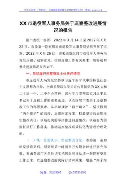 市退役军人事务局关于巡察整改进展情况的报告