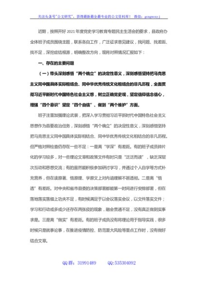 县政府办领导班子党史学习教育专题民主生活会剖析材料