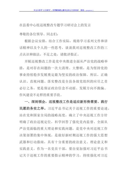 在县委中心组巡视整改专题学习研讨会上的发言