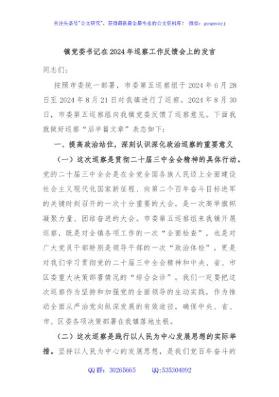 镇党委书记在2024年巡察工作反馈会上的发言