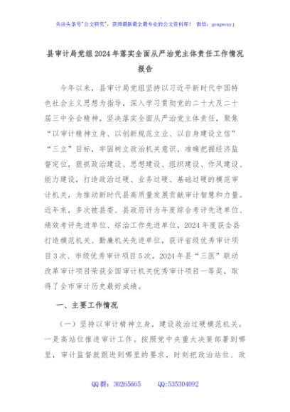 县审计局党组2024年落实全面从严治党主体责任工作情况报告
