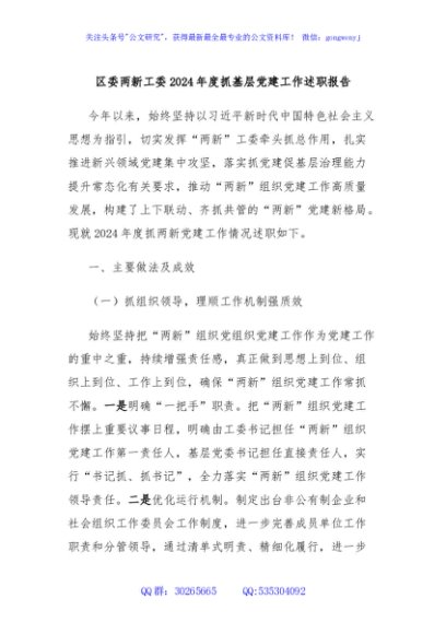 区委两新工委2024年度抓基层党建工作述职报告