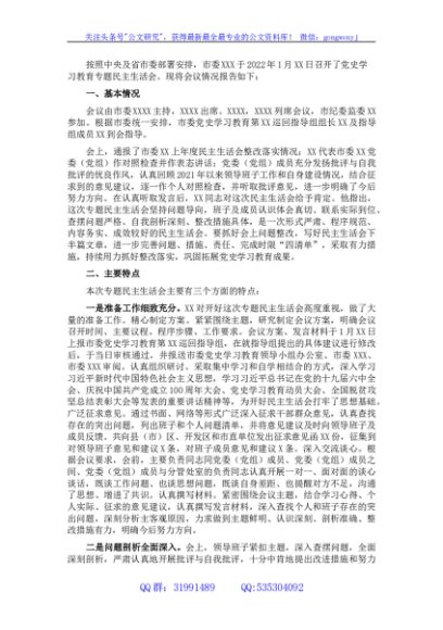 市直部门党史学习教育专题民主生活会情况报告