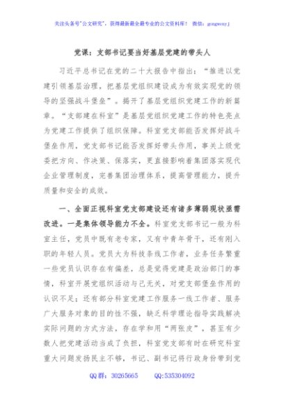 党课：支部书记要当好基层党建的带头人