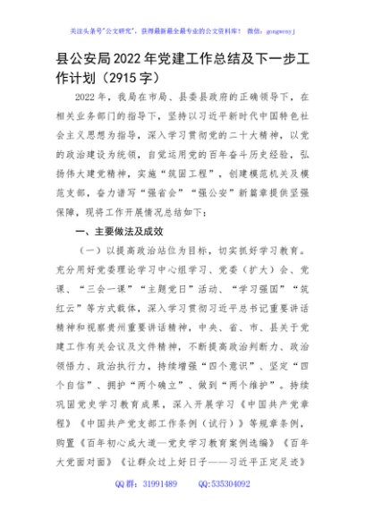 县公安局2022年党建工作总结及下一步工作计划