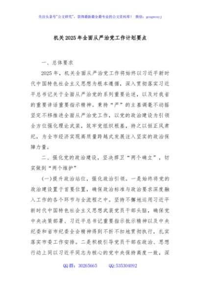 机关2025年全面从严治党工作计划要点