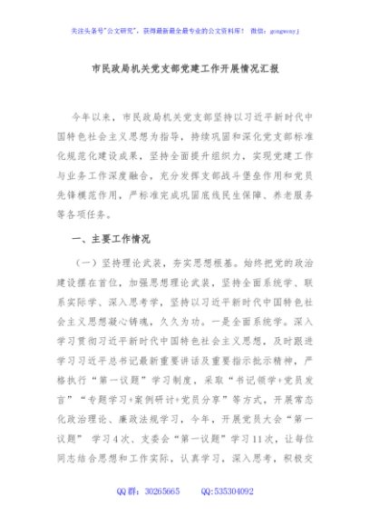 市民政局机关党支部党建工作开展情况汇报