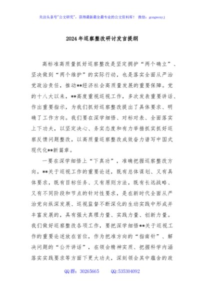 2024年巡察整改研讨发言提纲