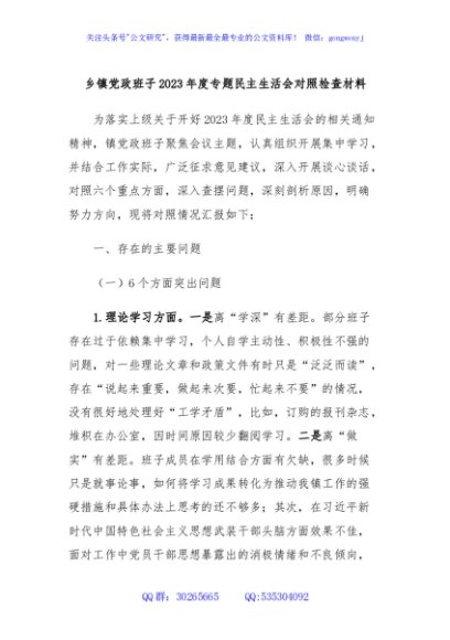 乡镇党政班子2023年度专题民主生活会对照检查材料