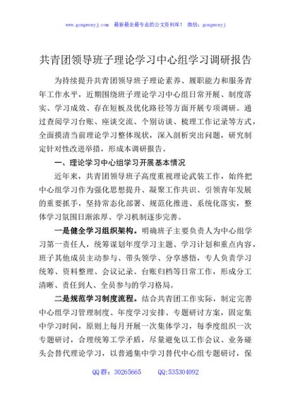 共青团领导班子理论学习中心组学习调研报告