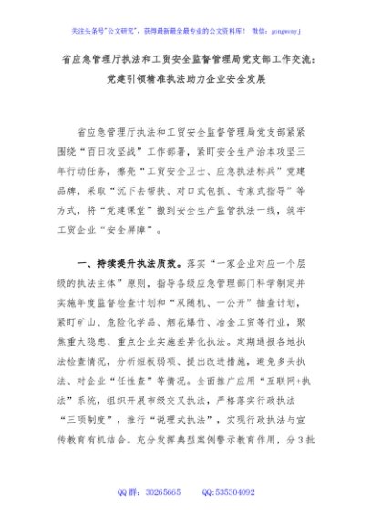 省应急管理厅执法和工贸安全监督管理局党支部工作交流：党建引领精准执法助力企业安全发展