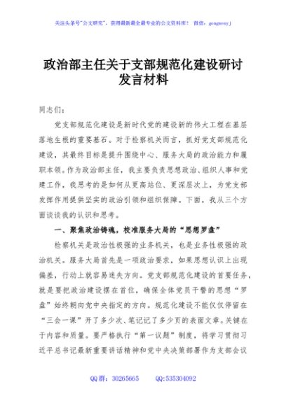 政治部主任关于支部规范化建设研讨发言材料