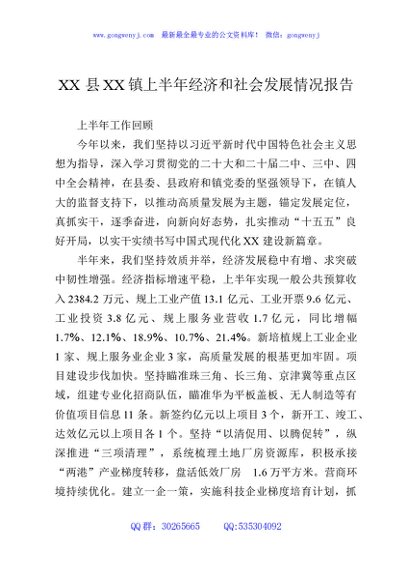 XX县XX镇上半年经济和社会发展情况报告