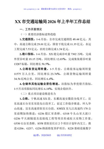 XX市交通运输局2026年上半年工作总结