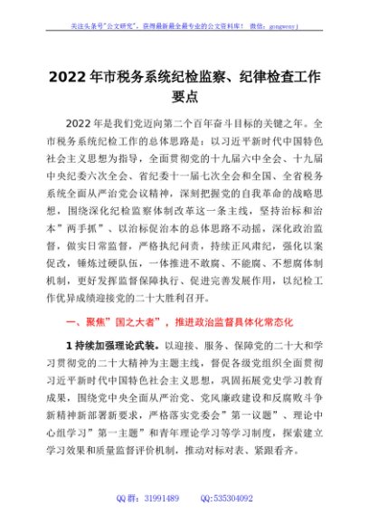 2022年市税务系统纪检监察、纪律检查工作要点