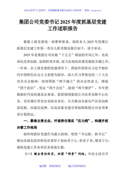 集团公司党委书记2025年度抓基层党建工作述职报告