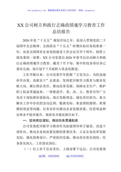 XX公司树立和践行正确政绩观学习教育工作总结报告