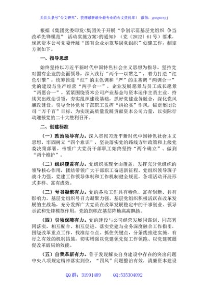 国企资本公司党委“示范基层党组织”创建工作方案