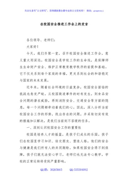在校园安全推进工作会上的发言