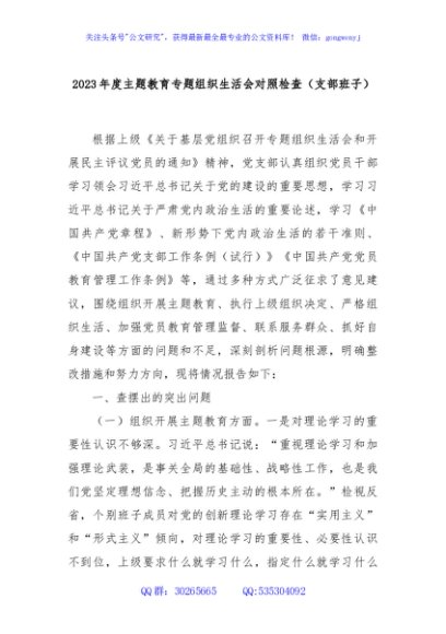 2023年度主题教育专题组织生活会对照检查（支部班子）